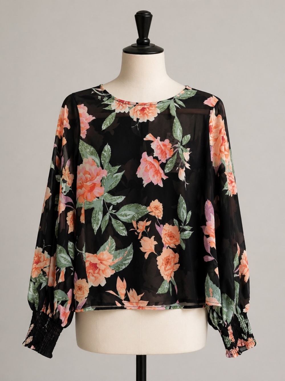 Flying Tomato Sheer Floral Balloon Sleeve Smocked Cuff Blouse NWT Small
